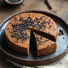 Delicious homemade dessert with spices and sesame seeds on a rustic plate