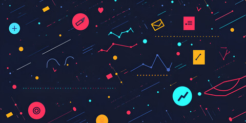 Obraz premium Abstract Geometric Pattern: A vibrant, abstract design on a dark background. It is composed of various geometric shapes, lines, and dots in a bright palette of colors.