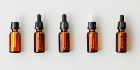 Amber glass bottles of medical drops arranged in a straight line on a bright white background with ample negative space for text placement.