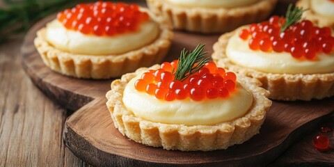Gourmet tartlets with creamy cheese and bright red caviar on a wooden board surrounded by greenery with soft focus and ample copy space.