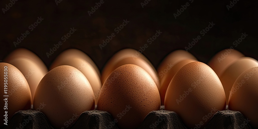 Poster brown eggs arranged in a row on a textured dark surface with minimal lighting highlighting the soft 