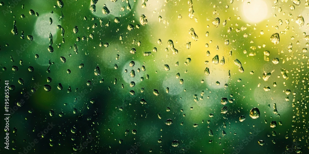 Poster closeup of raindrops on a blurred mirror with a green garden backdrop featuring vibrant bokeh effect