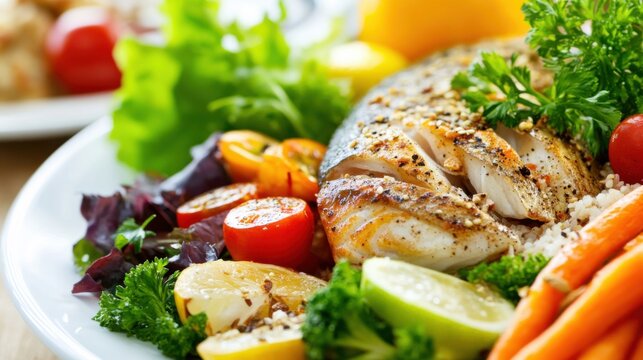 A close-up of a balanced pescatarian dinner, featuring fish, vegetables