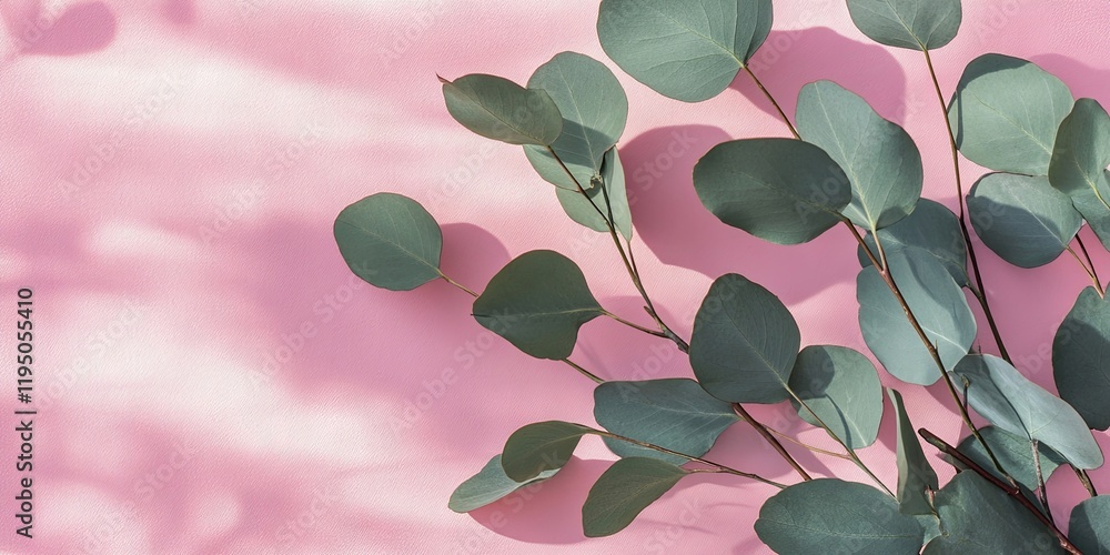 Poster eucalyptus leaves in green hues positioned on the right side with soft shadows against a smooth pink
