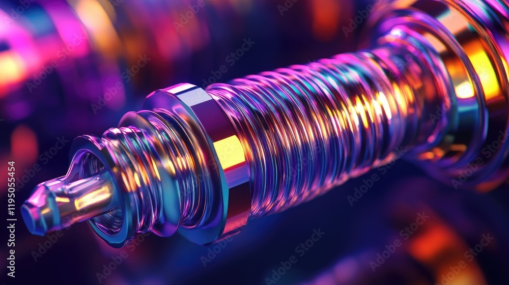 Poster The close-up of a spark plug shows off its complex design and metallic details, illuminated with bright, vibrant colors to capture its fine craftsmanship.
