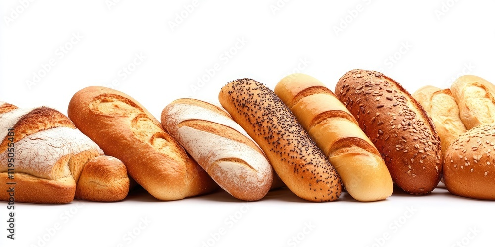 Poster a variety of fresh bread loaves in different shapes and textures arranged on a clean white backgroun