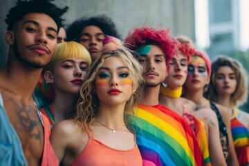 Fototapeta premium Diverse LGBTQ+ Group Expressing Pride and Unity Against Discrimination with Bold Rainbow Attire