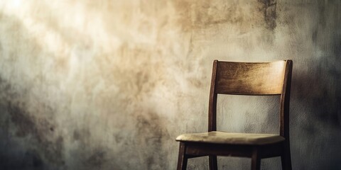 Wooden chair positioned against a textured wall with soft brown tones and blurred background, creating a serene and minimalist atmosphere.
