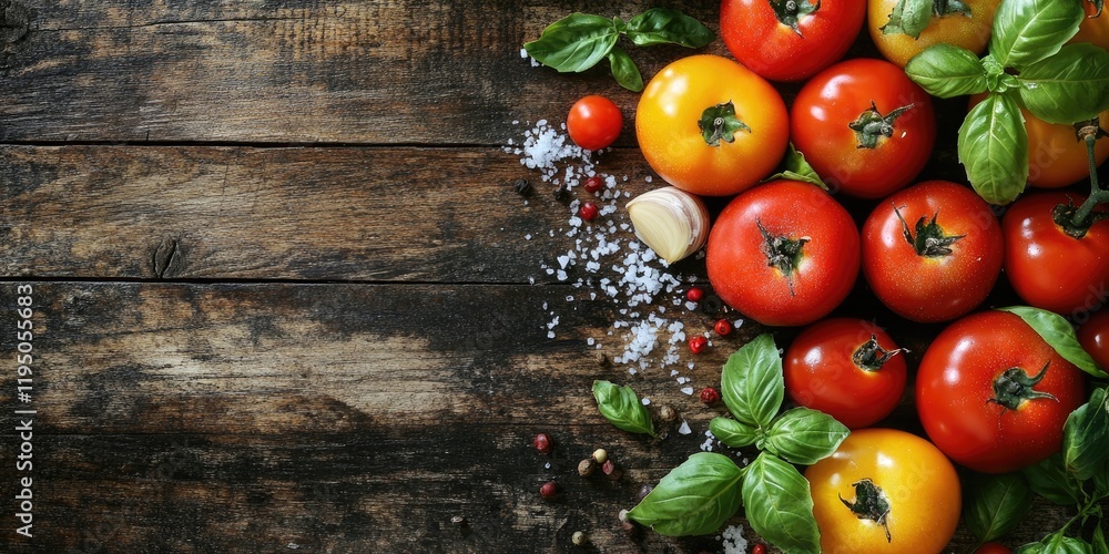 Poster vibrant array of ripe mixed tomatoes in red and yellow with fresh basil and garlic on rustic wooden 