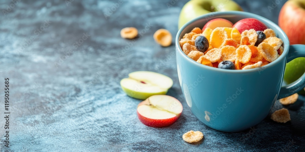 Poster cereal in a blue cup with apple slices on a textured gray background includes green and red apples w