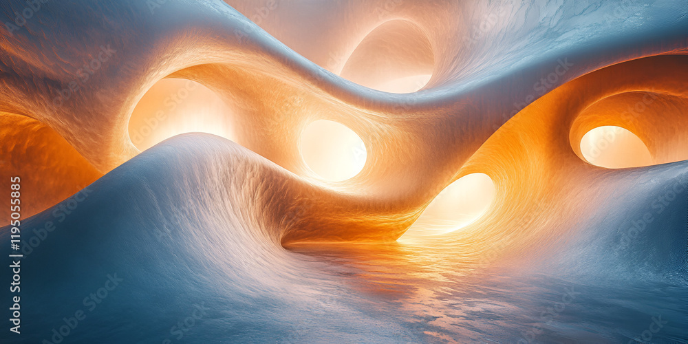 Poster abstract cave: glowing orange light illuminates swirling, organic forms within an ethereal ice cave,
