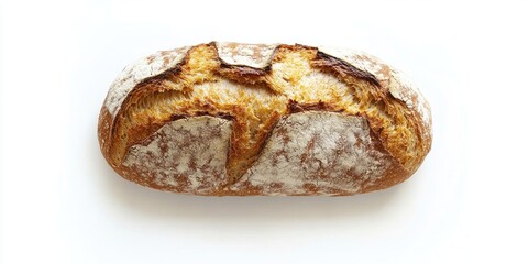 Artisan bread loaf displaying golden crust and rustic texture, centered on a clean white backdrop, highlighting its natural features.