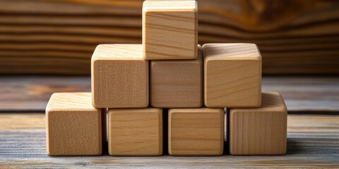 Stack of wooden cubes in a triangular arrangement on a rustic wooden background symbolizing business growth and strategy in natural tones.