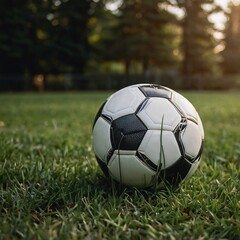 Obraz premium Action Photograph of a Soccer Ball on the Grass Field during a Youth Football Match or Training Session