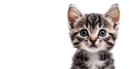 Close up portrait of a charming tabby kitten with black marble fur on a silver coat against a bright white background showcasing large expressive eyes