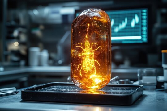 Amber encased ancient insect displayed on a scientific tray in a laboratory, research tools and data charts in the background, copy space background