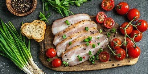 Rustic wooden board with sliced pork fat garnished with green onions and cherry tomatoes against a gray stone background. Ideal for food advertisements.