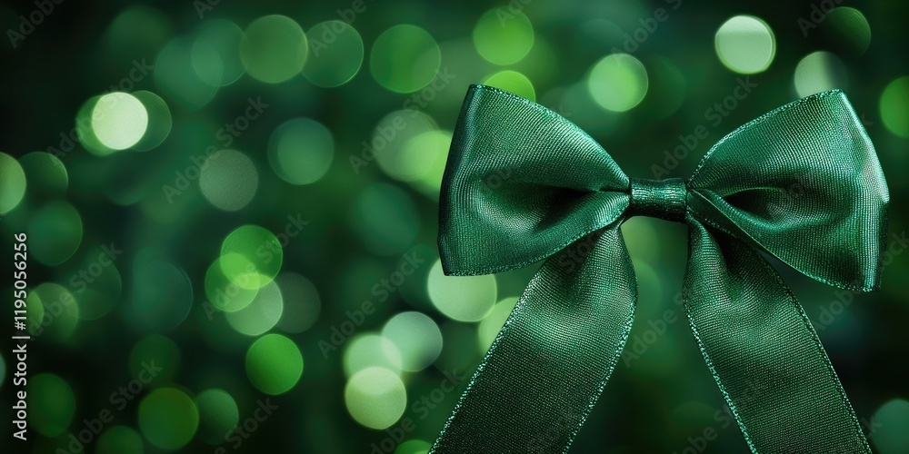 Poster green ribbon bow centered against a bokeh backdrop of various shades of green light, creating a fest