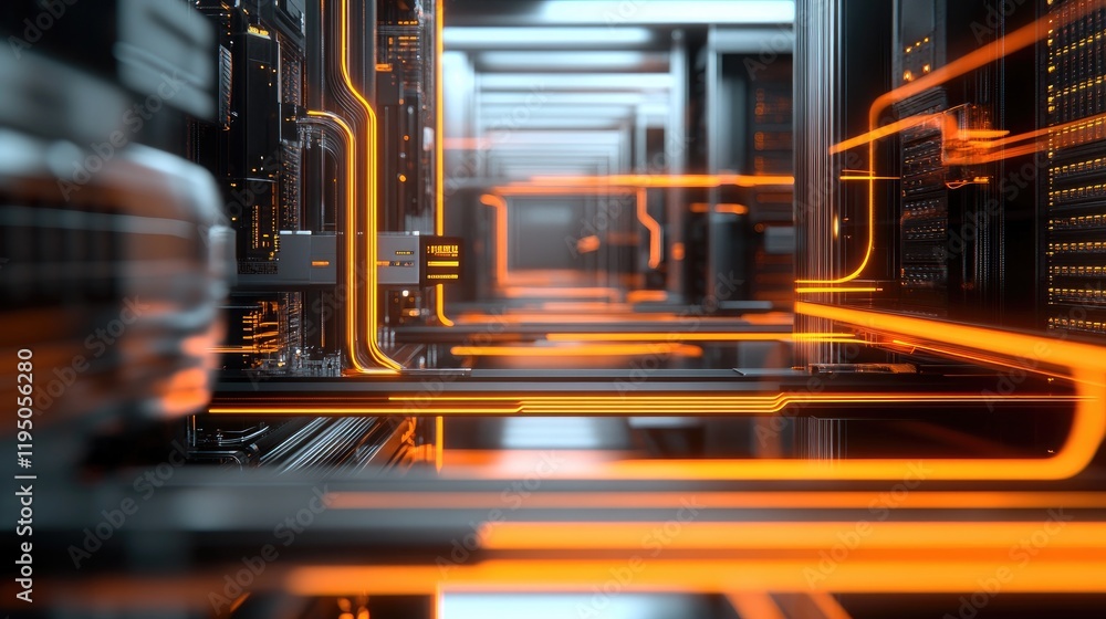 Aufkleber The intricate setup of interconnected servers with bright orange cables in a server room, emphasizing data processing and the backbone of modern technology.