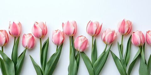 Fototapeta premium Pink tulip bouquet arranged in a line on a clean white background with ample copy space showcasing vibrant pink petals and green leaves.