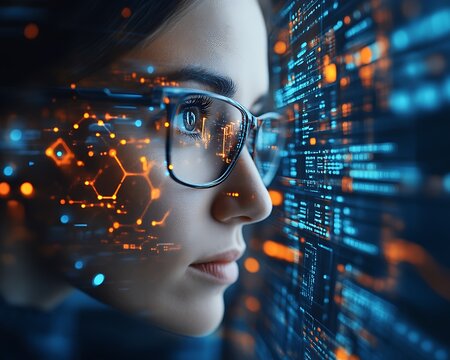 Woman programmer coding, digital overlay. - Powered by Adobe