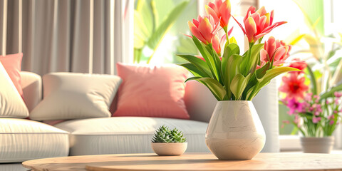Orange Tulips in White Vase on Coffee Table with Succulent