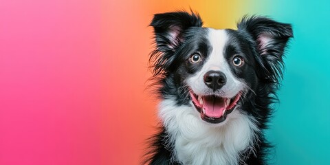 Portrait of a cheerful black and white dog with bright blue eyes centered against a vibrant gradient background of pink and turquoise colors.