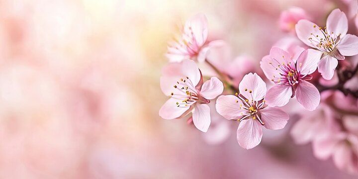 Cherry blossom branches with delicate pink flowers on the right, soft pastel background, ideal for text overlay and ample copy space