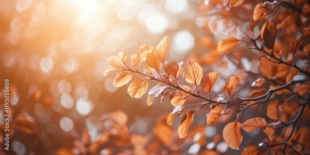 Aufkleber backlit brown leaves on a tree with a bright corner, horizontal composition, ample space for text on