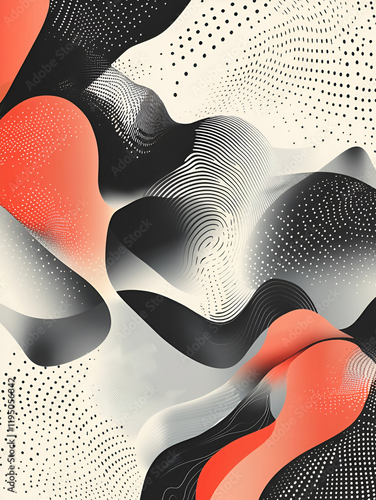 Poster Abstract Fluid Forms:  A mesmerizing interplay of coral, black, and off-white fluid forms creates a dynamic and visually captivating abstract artwork.