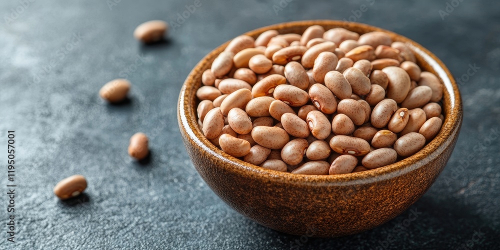 Poster bowl of dry pinto beans on dark surface with ample negative space for text warm brown tones horizont