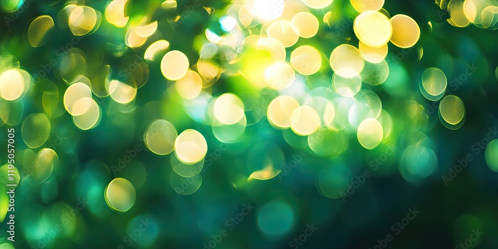 Poster abstract bokeh background with vibrant green and yellow hues creating a warm summer atmosphere with 