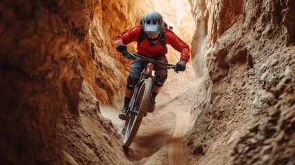Fototapeta premium Mountain Biker Navigating Through a Narrow Canyon While Riding Downhill in Natural Landscape