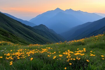 Fototapeta premium Tranquil Mountain Valley Illuminated by Soft Sunset Light with Wildflowers Blooming in Foreground, Capturing Serene Nature Beauty and Peaceful Atmosphere in Vivid Colors