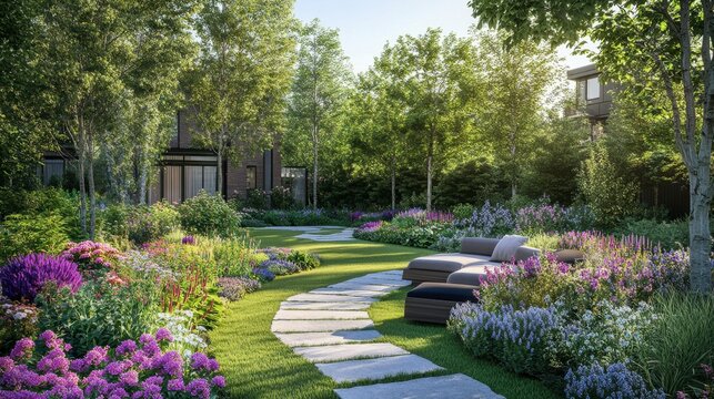 An urban garden oasis featuring elegant pathways, vibrant plants, and modern seating, set against the backdrop of city buildings.