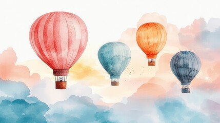 Serene Watercolor Depiction of Hot Air Balloons Floating Through Dreamy Skies in Soft Pastels and Gentle Hues