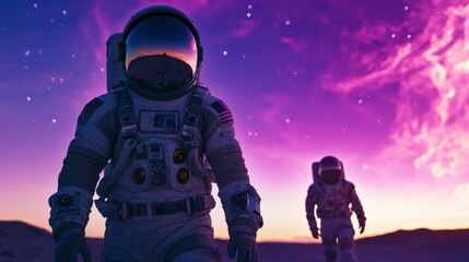 Naklejka premium Astronauts Exploring a Celestial Desert Landscape Under a Stunning Cosmic Sky with Vivid Colors and Surreal Ambiance