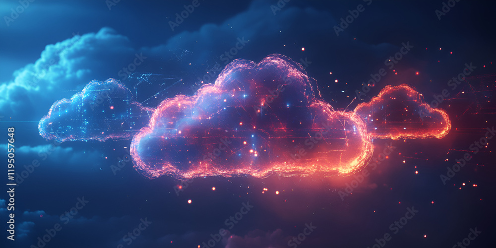 Poster cloud computing: an ethereal cloud of red and blue energy glows against a backdrop of midnight blue 