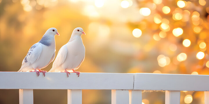 Two doves perched on white wooden fence, surrounded by warm, golden bokeh background, creating serene and tranquil atmosphere