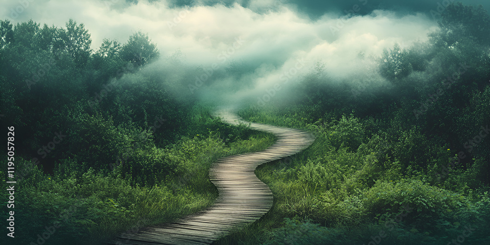 Poster path through misty forest: a winding path disappears into a mystical forest shrouded in dense fog, t