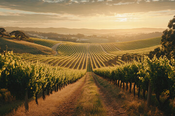 Fototapeta premium Vineyard rows cascading down Napa Valley's rolling hills under a clear blue sky, with the sun casting long shadows across the lush green grapevines.
