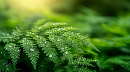 Fototapeta premium Lush Green Fern Leaves Glimmering with Dewdrops in a Serene Forest Environment Captured in Stunning Clarity and Brightness, Ideal for Nature-themed Projects and Designs