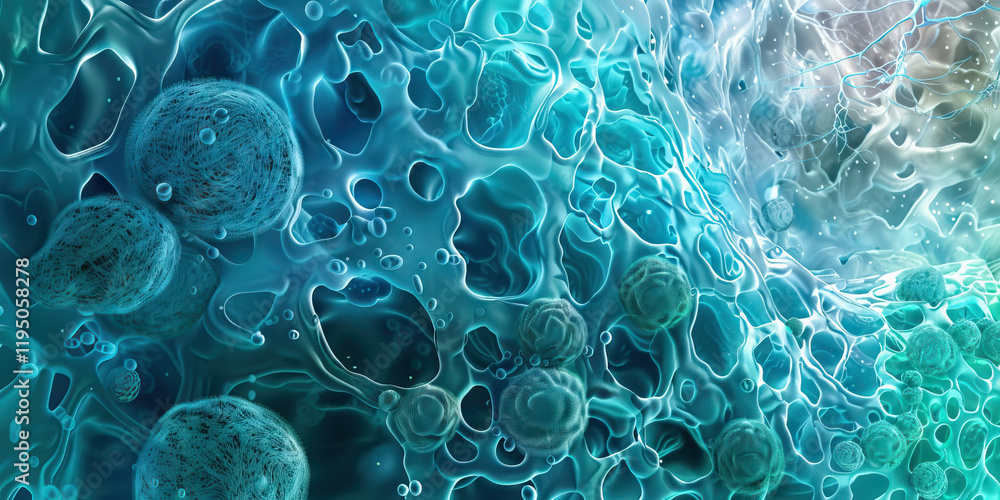 Poster microscopic image of cellular structure with spherical particles