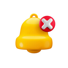 Vector cartoon 3d silent mode notification icon. Cute realistic render of yellow bell and x cross in red circle. Warning sign, sound turn off, crossed bell concept. Quiet reminder 3d icon for web, app