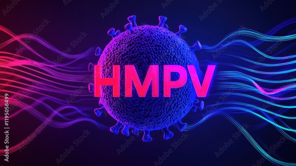 Poster 3d rendering of hmpv virus particle with neon energy waves