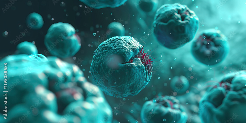 Poster microscopic image of multiple irregular cells in fluid