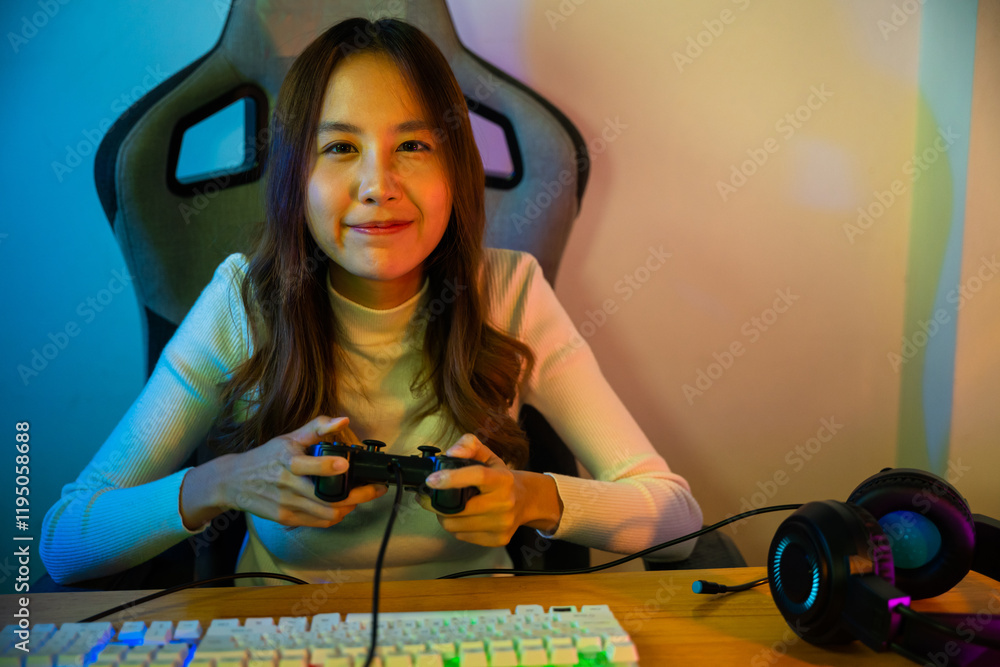 Aufkleber gamer using joystick controller for virtual tournament plays online video game with computer neon li