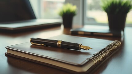 gold-plated fountain pen, angled diagonally, resting on a leather notebook with a professional desk scene in the background
