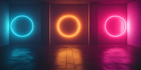 Neon Portal: Three vibrant neon circles in blue, orange, and pink illuminate a dark, sleek room, creating a futuristic and otherworldly atmosphere.  The circles cast reflections on the polished floor.