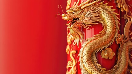Obraz premium The vibrant golden dragon wraps around a red column, standing out against a red background, symbolizing power, majesty, and cultural heritage.